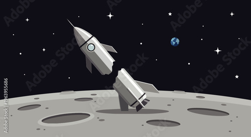 broken rocket crashed on the moons surface a failed space exploration attempt against a starry sky with earth illustrating risk and accident.