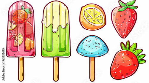 Colorful drawing of assorted frozen treats and fresh fruit against a white background