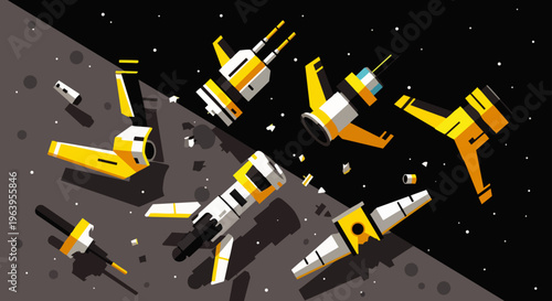 spacecraft wreckage scattered across a desolate lunar surface in deep space depicting a space accident or abandoned exploration.