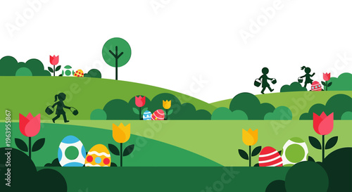easter egg hunt children searching for colorful decorated eggs in a vibrant spring landscape with green hills and blooming tulips.