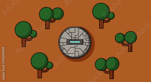 futuristic alien portal or mysterious sci-fi device surrounded by green trees depicting technology in nature perfect for game design