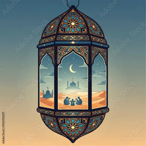 A colorful lantern showcases people sitting in desert landscape with mosque under crescent moon.