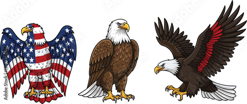 Obraz na płótnie Set of American Bald Eagle Illustrations with USA Flag Wings, Realistic Standing