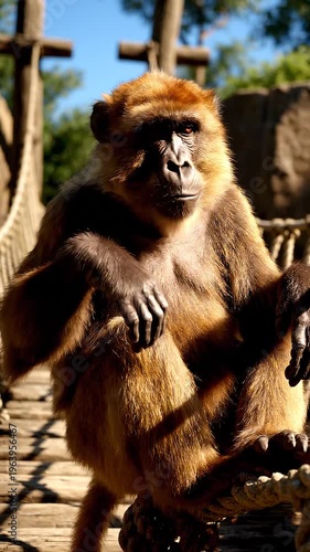 Macaque monkey sitting on wooden bridge.