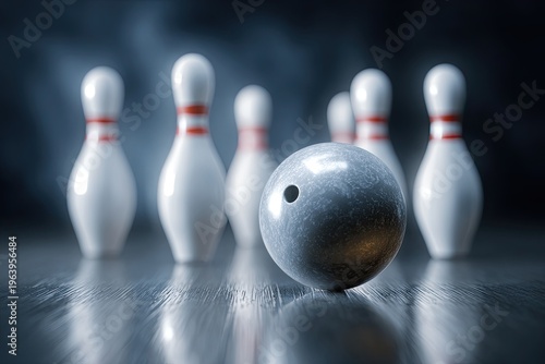 Classic bowling scene with a grey ball approaching white pins on a wooden lane