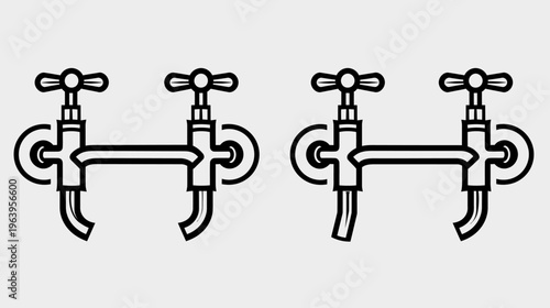 Line art drawing of four vintage-style water taps, grouped in pairs, facing the viewer