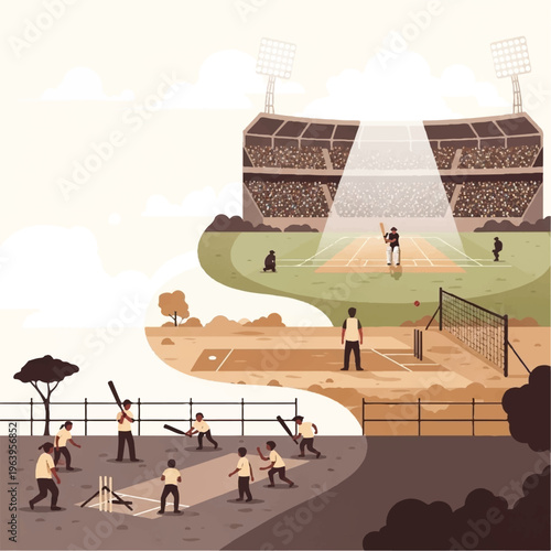 Cricket and tennis players compete simultaneously outdoors in a stadium and adjacent field.