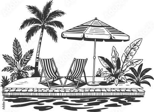 Elegant ink sketch of two striped deck chairs, beach umbrella, swimming pool with tropical palm trees and lush plants, poolside vacation scene, Vector illustration