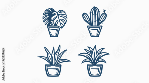 Four simple, navy blue potted plants on a white background, digital art illustration