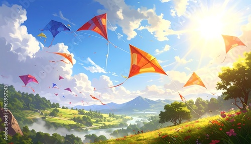 A serene landscape with colorful kites flying over a green valley