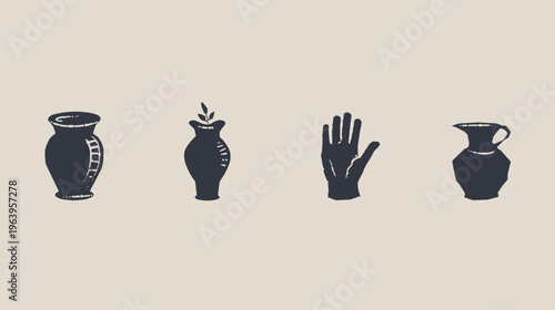 Four object silhouettes in a row two vases, a hand, and a pitcher, dark blue