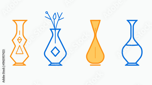Four vases, two orange & two blue, with simple designs, on a white background