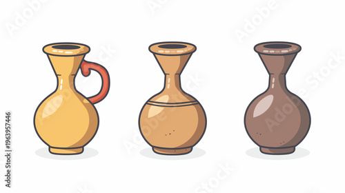 Three stylized cartoon vases in differing shapes and tones, each outlined in dark blue