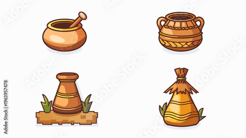 Four cartoonish pottery images a bowl, a pot, a vase, and a hut on a white background