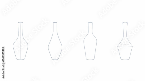 Blue-lined art depicts four differently shaped bottles on a stark white background