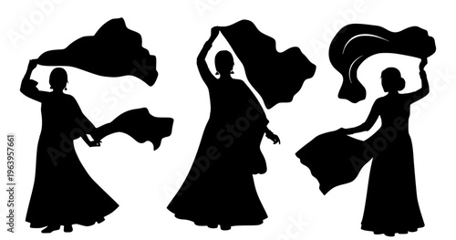 Silhouettes of women dancing with flowing fabrics, celebrating movement and grace
