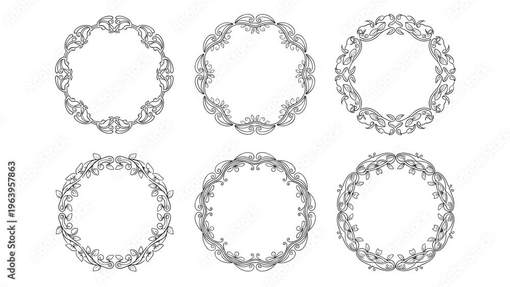 Obraz premium Set of six ornate circular floral frames with intricate line work and delicate patterns for elegant wedding and stationery design.