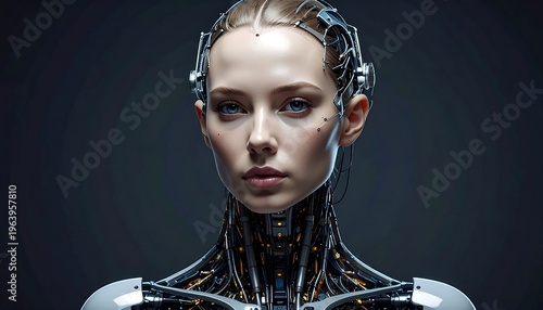 Portrait of a woman with advanced cybernetic implants visible around her head, neck, and shoulders, set against a dark background