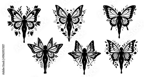 Illustrations of whimsical fairy silhouettes with intricate butterfly wings and floral accents