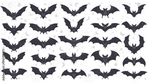 Numerous dark bat silhouettes with open wings flying across a night sky background filled with stars and crescent moon patterns.