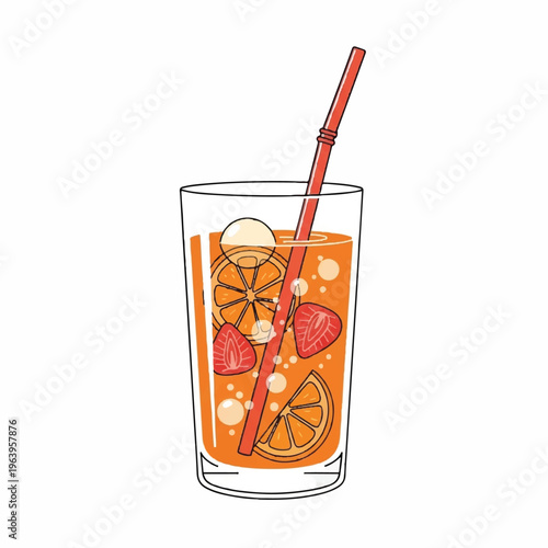 Fresh fruit infused drink with straw in a glass
