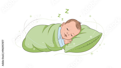 Peaceful baby sleeping soundly on a soft green pillow while wrapped in a matching blanket with floating dream sparkles and stars.