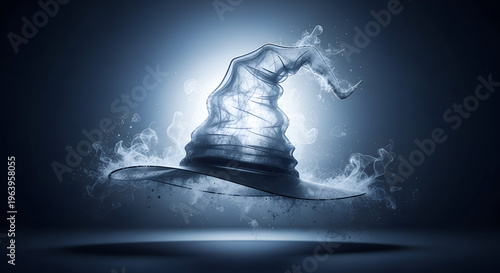 Mystical floating wizard hat with smoke effects in dark background  