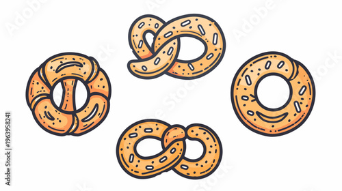Doodle style drawing of four various shaped pretzels on a white background