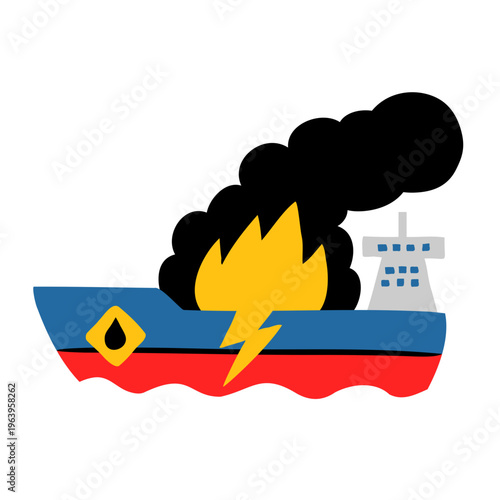 Hand Drawn Illustration of Oil Tanker Attacked