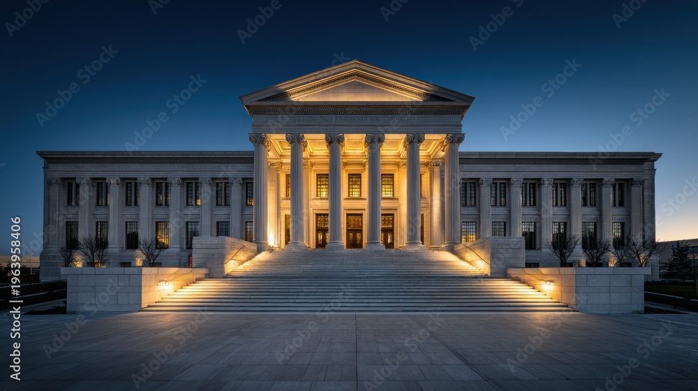 Obraz premium Wide View of Courthouse Building at Dusk Showing Classical Architecture and Illuminated Columns in a Deep Blue Sky