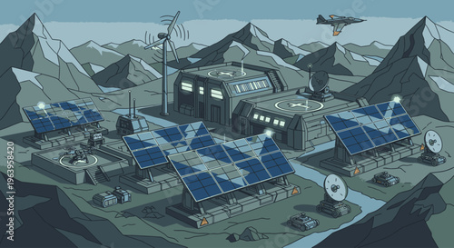 A futuristic solar power plant with satellite dishes and wind turbines in a mountainous landscape with a blue sky.