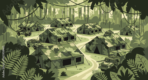 Illustration of a serene jungle village with green-toned houses and foliage, nestled among trees and plants in a natural setting.