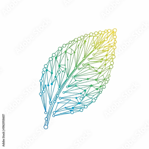 Vibrant network connections form a stylized leaf on a white background