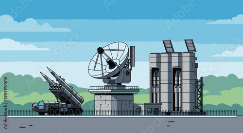 Pixelated illustration of a missile launcher and satellite dish on a concrete platform with solar panels and a blue sky background.