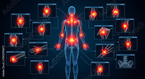 Human body anatomy showing joint pain points and inflammation in skeleton model