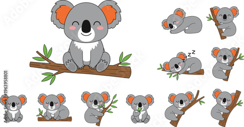 Cute Koala Cartoon Character Set with Different Poses Sitting Sleeping and Climbing on Tree Branch Vector Illustration for Kids Design and Wildlife Theme