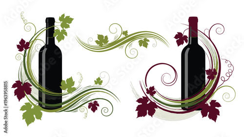 Elegant wine bottle silhouettes decorated with green and purple grape vine leaves and swirling scrollwork patterns for winery branding.
