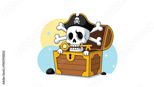 Fun pirate skull character wearing a hat with crossbones and holding a golden key in its mouth sitting inside a treasure chest on white.
