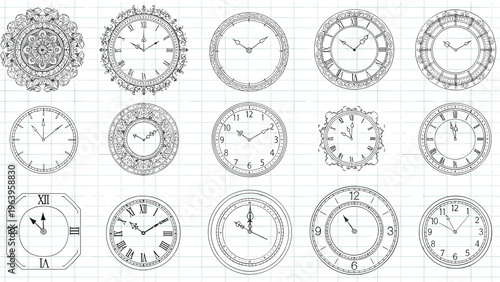 Selection of fifteen different vintage clock face designs featuring roman and arabic numerals on a grid pattern paper for craft projects.