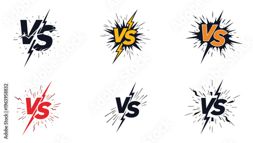 Collection of six versus battle icons featuring lightning bolts and comic style explosion effects for gaming competitions or sports events.