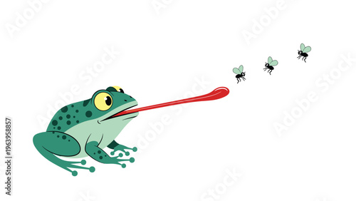Cartoon green spotted frog with an extremely long red tongue catching flies in mid air isolated on white background for nature education.