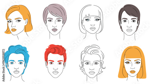 Group of eight female face sketches with different modern hairstyles and hair colors including blonde pink blue and purple for fashion art.