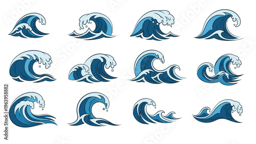 Collection of twelve stylized blue ocean waves in different shapes and heights for surfing nautical or coastal themed graphic illustrations.
