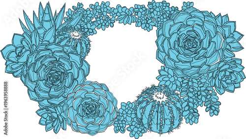 This image is a stylized botanical illustration of a succulent and cactus wreath, rendered in a bright cyan (light blue) color with black outlines