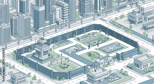 Isometric illustration of a modern prison complex with buildings, courts, and walls surrounded by a cityscape with skyscrapers and trees in a monochromatic color scheme.
