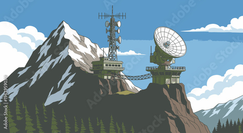 Illustration of a mountain peak with a satellite dish and antenna on a cliffside, surrounded by trees and snow under a blue sky with clouds.