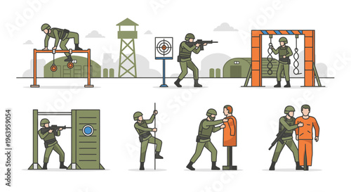 Illustration of soldiers in various tactical positions and maneuvers in a military training setting with a white background.