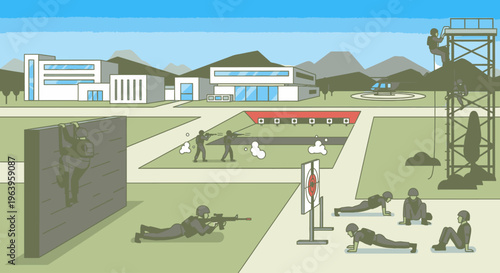 Illustration of a military training facility with soldiers engaging in various exercises and drills on a sunny day with buildings and mountains in the background.