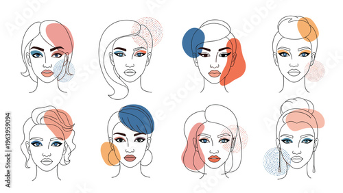 Collection of eight minimalist female portraits with abstract colorful shapes and artistic makeup for fashion or beauty branding designs.