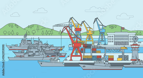 Illustration of a bustling harbor with cargo ships and cranes near a naval base against a scenic backdrop of hills and a clear sky.